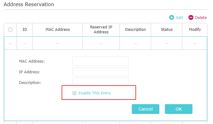 The Address Reservation page with the Enable This Entry option checked and highlighted.