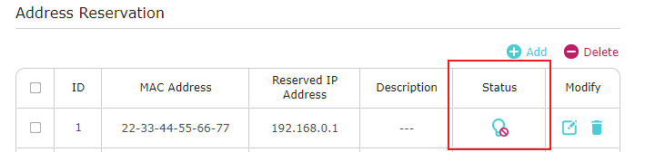 The Address Reservation page with the Status button with red circle highlighted.