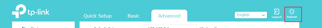 The top navigation bar of the router with the Reboot icon highlighted.