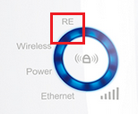 TL-WA850RE range extender with RE label highlighted, showing a blue signal strength ring and Wireless, Power, and Ethernet indicators.