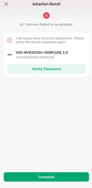 VIGI devices are adopted unsuccessfully in the App.