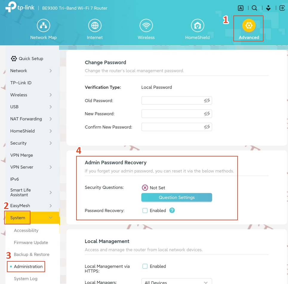 The Administration page with steps to locate the Admin Password Recovery section.