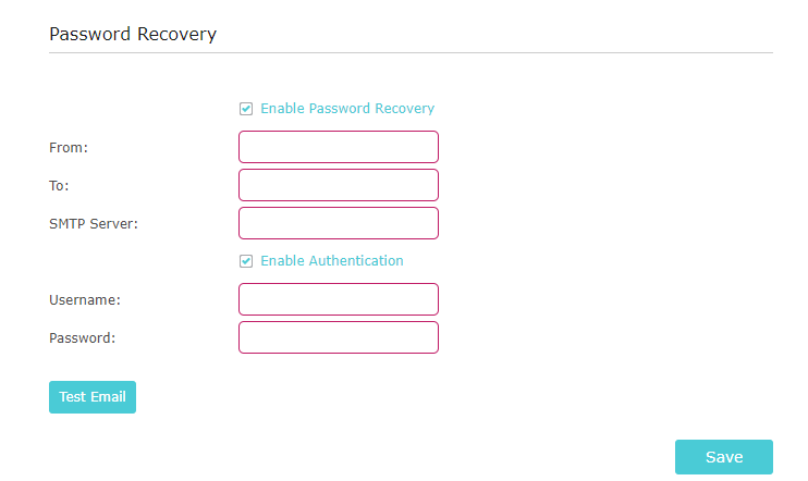 Page showing Password Recovery and Authentication enabled, followed by 5 boxes to be filled: From, To, SMTP Server, Username, Password.