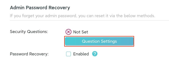 The Admin Password Recovery section with Question Settings highlighted.