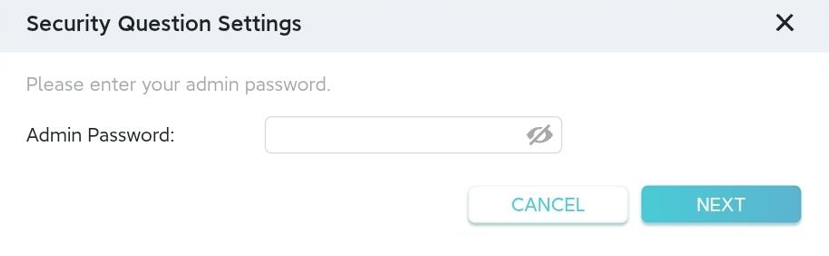 The Security Question Settings page asking for an Admin Password.
