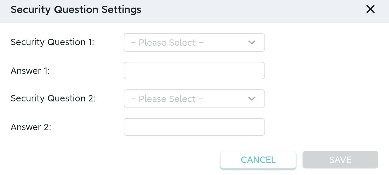 The Security Question Settings page with two Security Questions to be selected and two Answers to be filled in.
