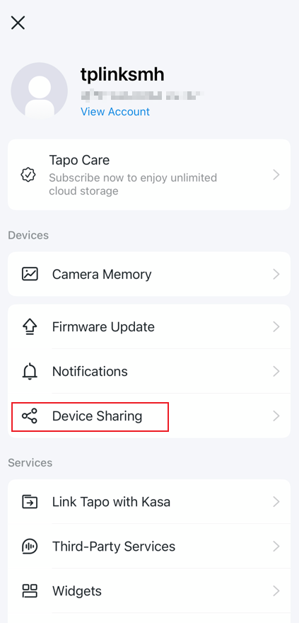 Open Device Sharing from the Tapo app's me page.