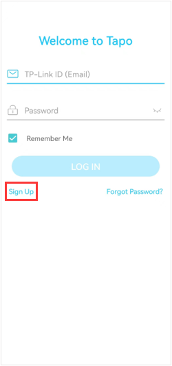 Tapo app login screen showing the "Sign Up" button highlighted.