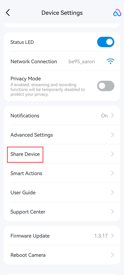 For cameras, doorbells, robot vacuums, and IR remotes, tap Share Device or Device Sharing in the device settings page.