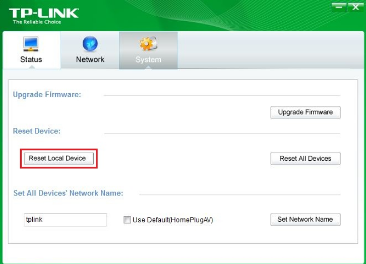 TP-Link Powerline utility System tab showing Reset Device section with Reset Local Device button highlighted.