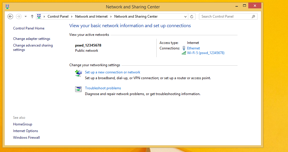 Windows Network and Sharing Center showing active network pswd_12345678 connected via Ethernet and Wi-Fi 5.