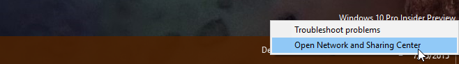 Windows 10 taskbar right-click context menu with Open Network and Sharing Center highlighted.