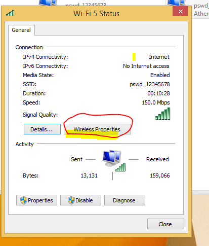 Wi-Fi 5 Status dialog showing connection details with Wireless Properties button highlighted.