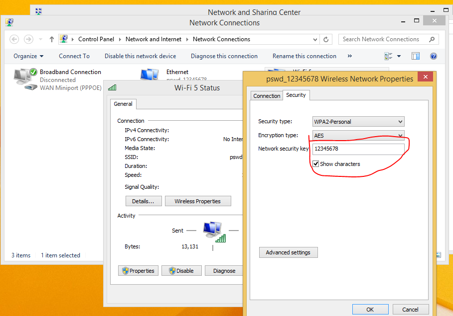 Wireless Network Properties Security tab showing the Wi-Fi password in the network security key field with Show characters highlighted.