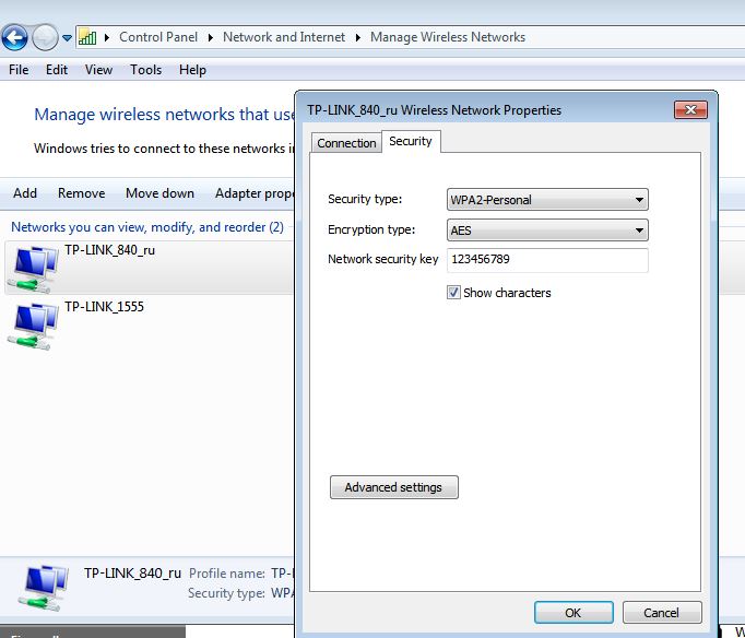 TP-Link_840_ru Wireless Network Properties Security tab showing WPA2-Personal, AES encryption, network security key visible, and OK highlighted.