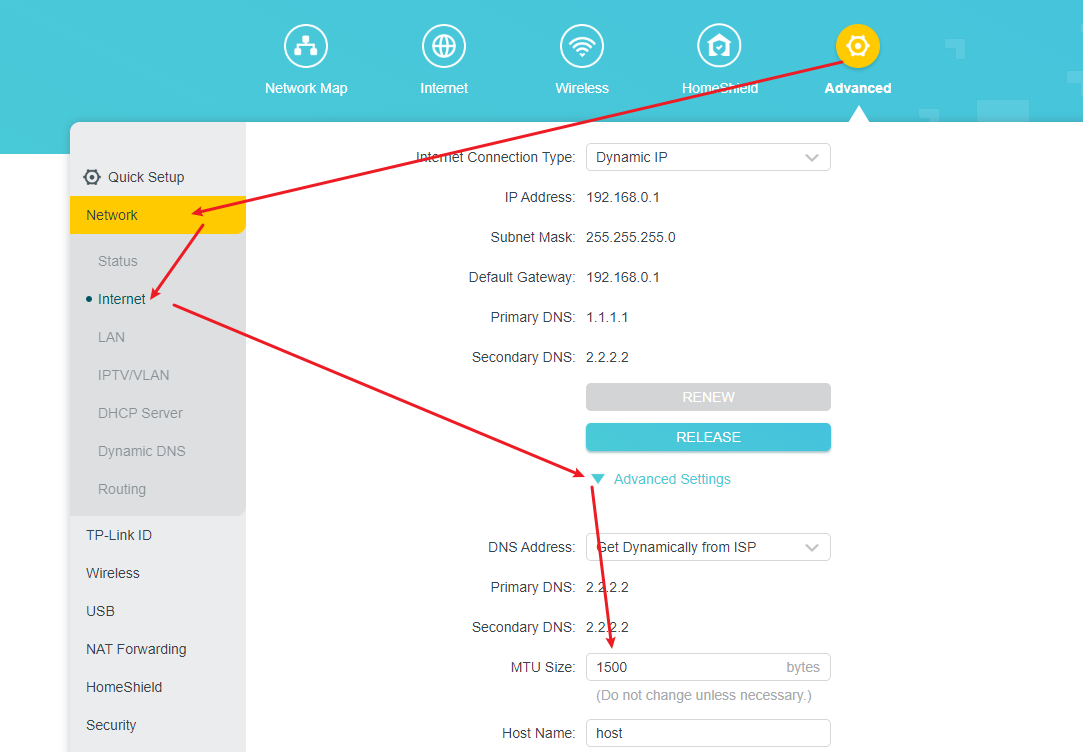 TP-Link router Advanced Network IPv4 page with the path finding the MTU SIZE Setting.