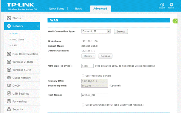 TP-Link Archer C8 Advanced WAN settings page showing MTU Size field set to 1500.