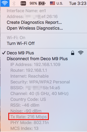 Mac Wi-Fi dropdown showing Deco M9 Plus network details with Tx Rate highlighted at 216 Mbps.
