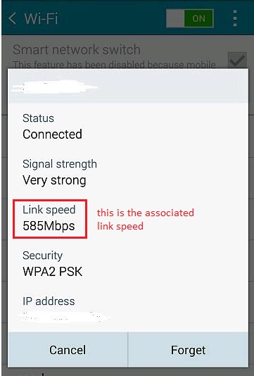 Android Wi-Fi network details showing Link speed highlighted at 585 Mbps, annotated as the associated link speed.