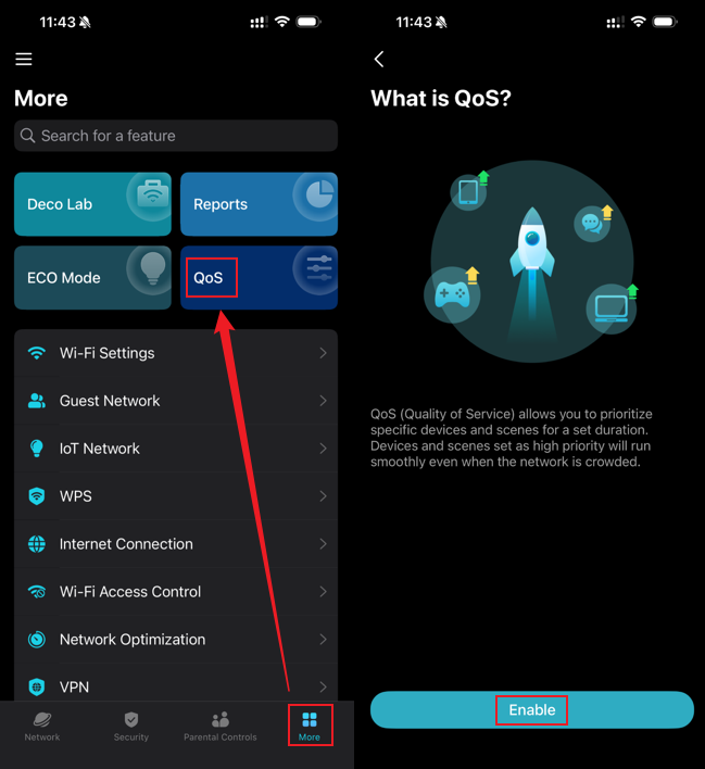 Deco app More tab with QoS highlighted, alongside the QoS intro screen with an Enable button.