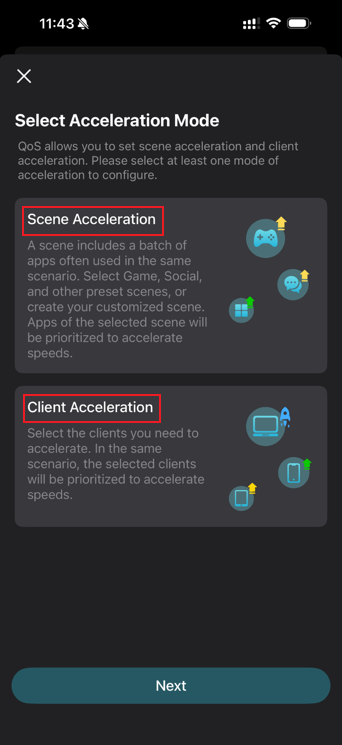 Select Acceleration Mode screen showing Scene Acceleration and Client Acceleration options.