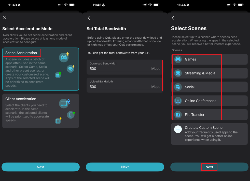 Three screens: Scene Acceleration selected, Set Total Bandwidth with 500 Mbps fields, and Select Scenes with five scene options.