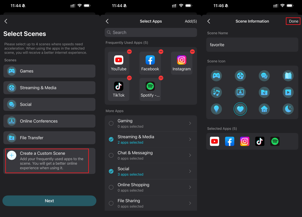 Three screens: Select Scenes list, Select Apps with frequently used apps, and Scene Information with custom scene named "favorite.