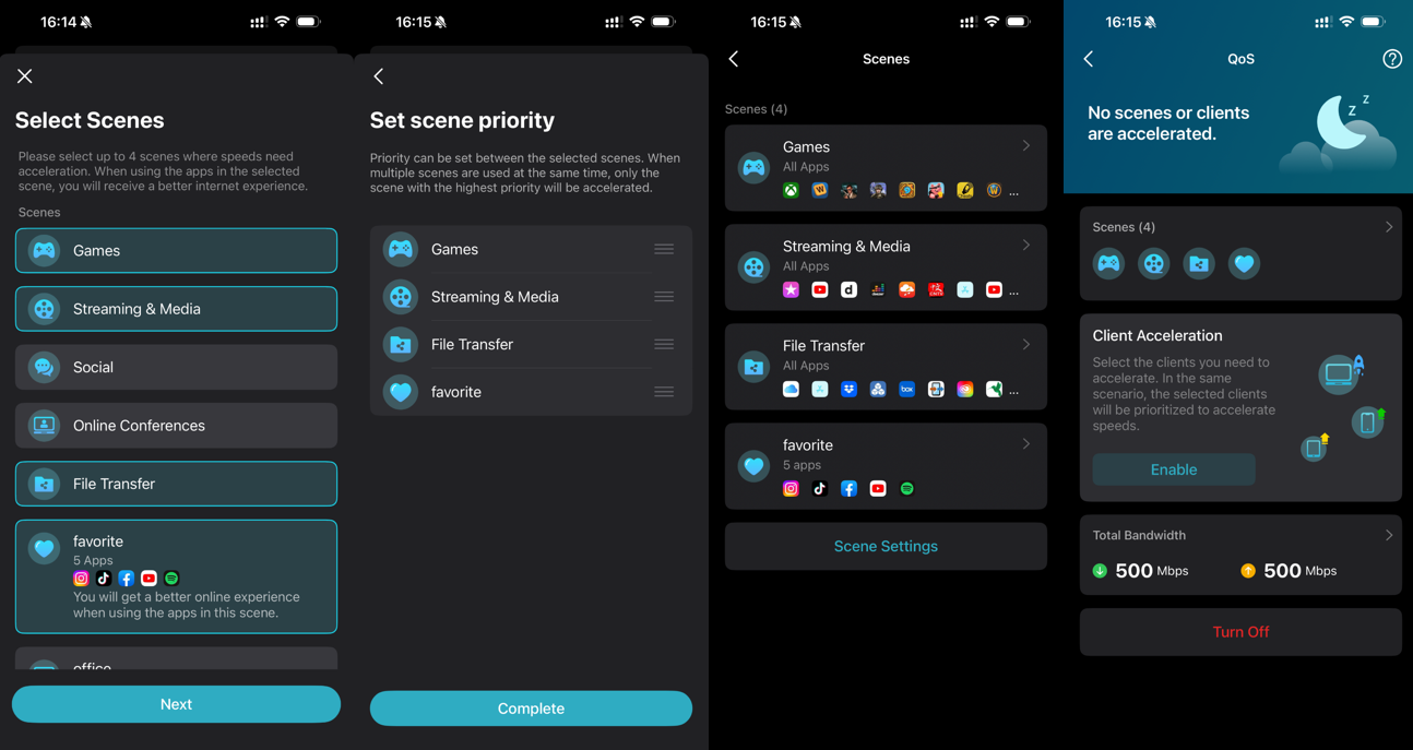 Four screens: Select Scenes with custom scene, Set Scene Priority drag list, Scenes summary, and QoS dashboard with Client Acceleration.