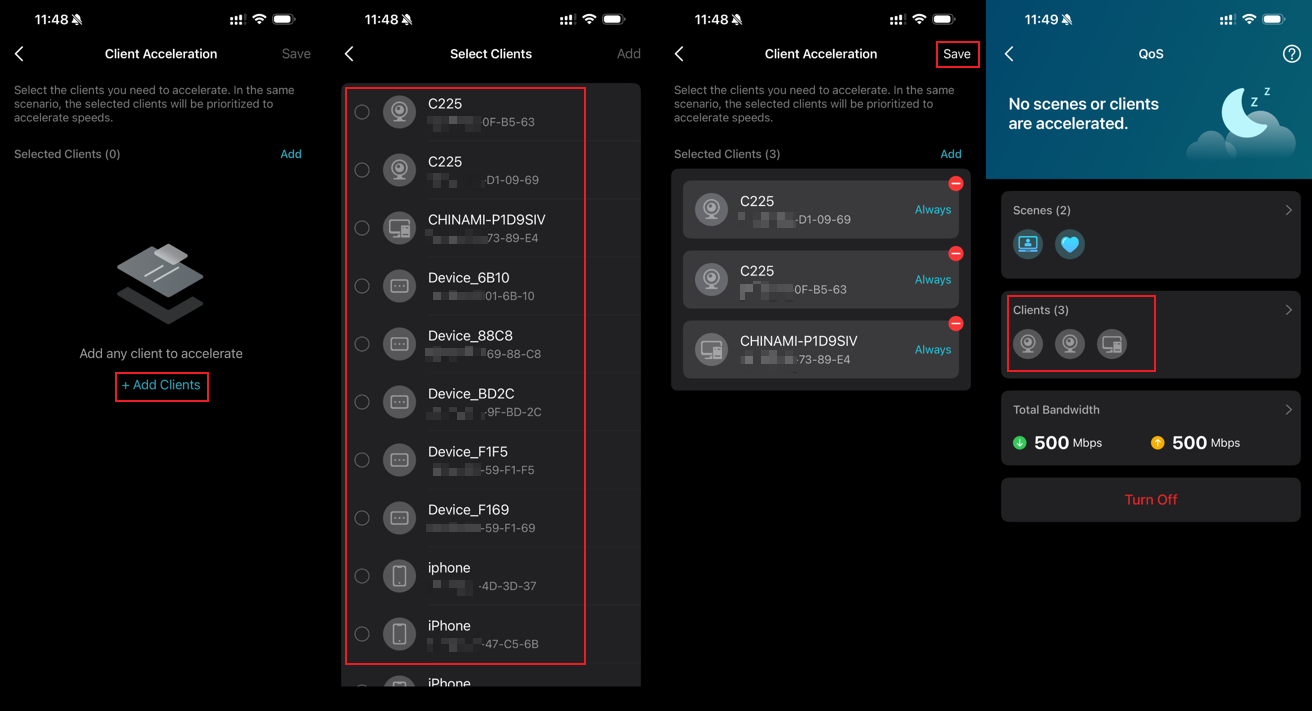 Client Acceleration screens: Add Clients button, Select Clients list, three clients added with Save highlighted, and QoS Clients (3) highlighted.