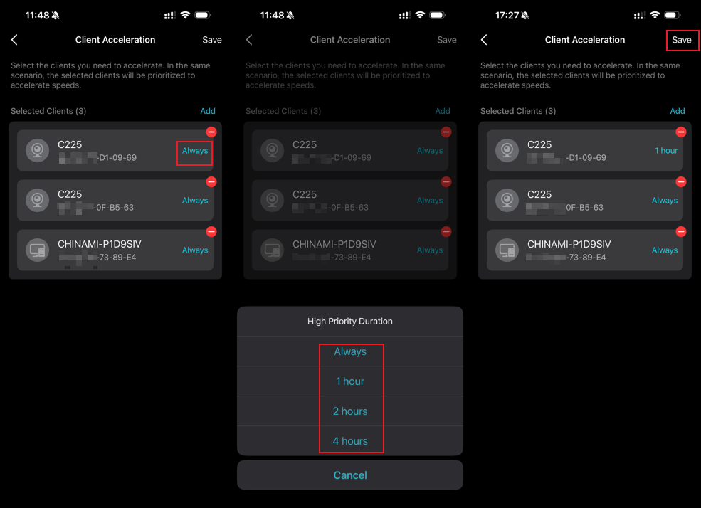 Client Acceleration screens showing Always highlighted, High Priority Duration picker options highlighted, and Save highlighted after 1 hour selected.
