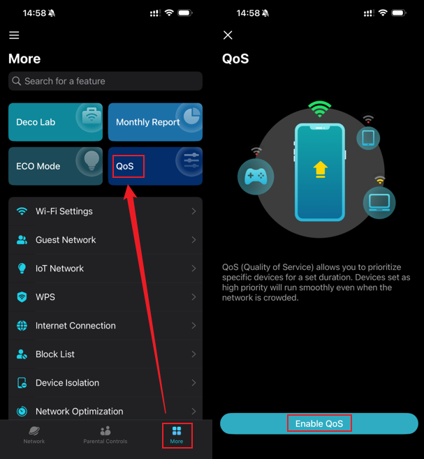 Deco app More tab with QoS highlighted, alongside the QoS intro screen with an Enable QoS button.