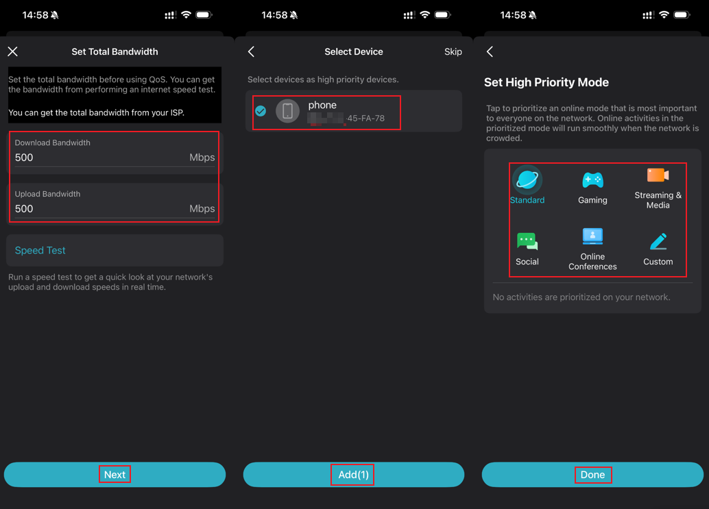 Three screens: Set Total Bandwidth at 500 Mbps, Select Device with a phone selected, and Set High Priority Mode with six mode options.