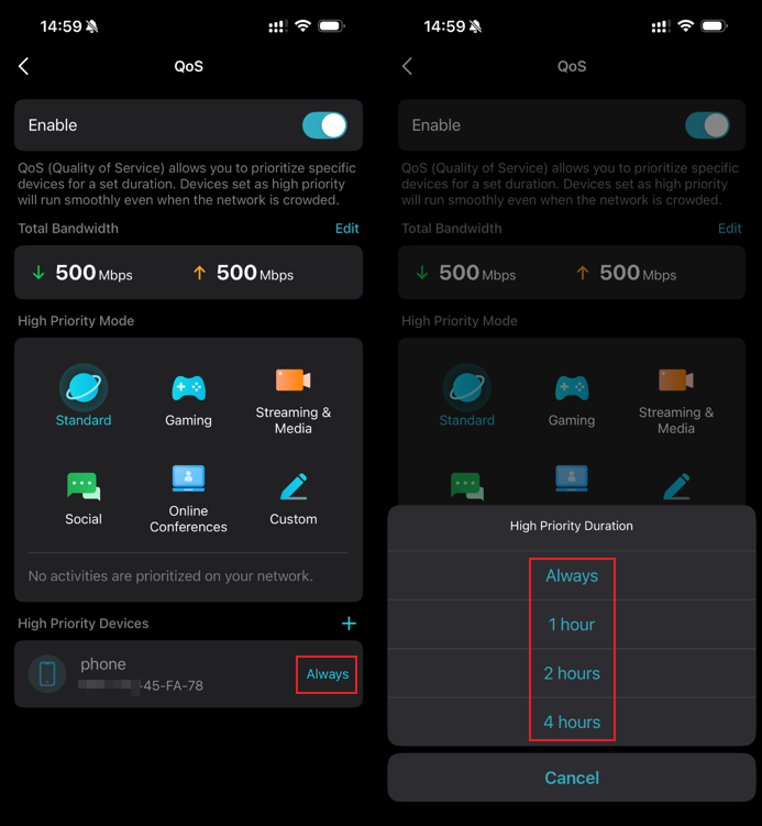 Two QoS screens: High Priority Devices with Always highlighted, and High Priority Duration picker options highlighted.