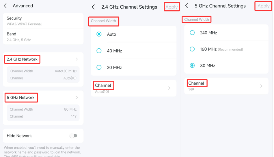 The path to find the Channel option for the 2.4GHz/5GHz under Advanced page.