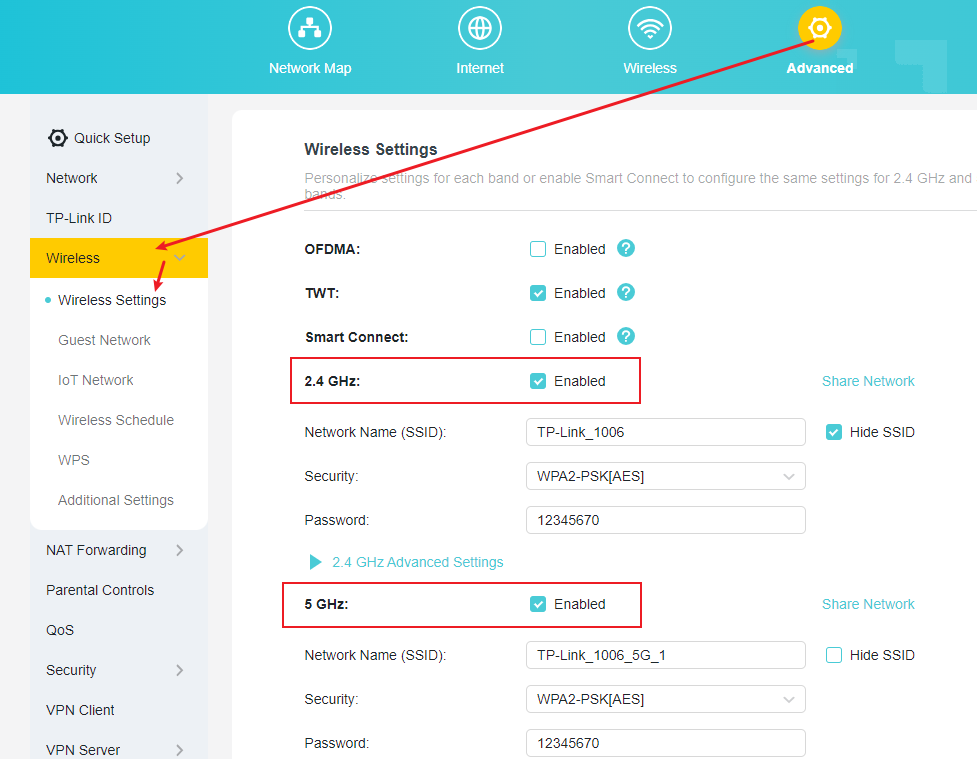Wireless Settings page with 2.4GHz and 5GHz Enable Wireless Radio checkboxes highlighted.