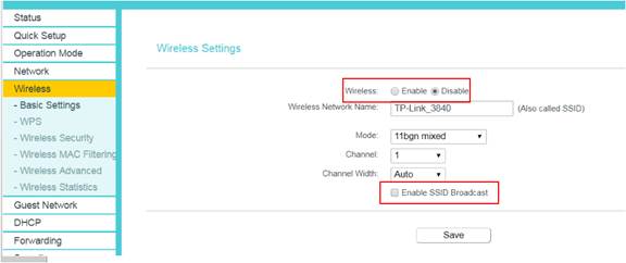 Wireless Settings page with Wireless Enable/Disable options and Enable SSID Broadcast checkbox highlighted.