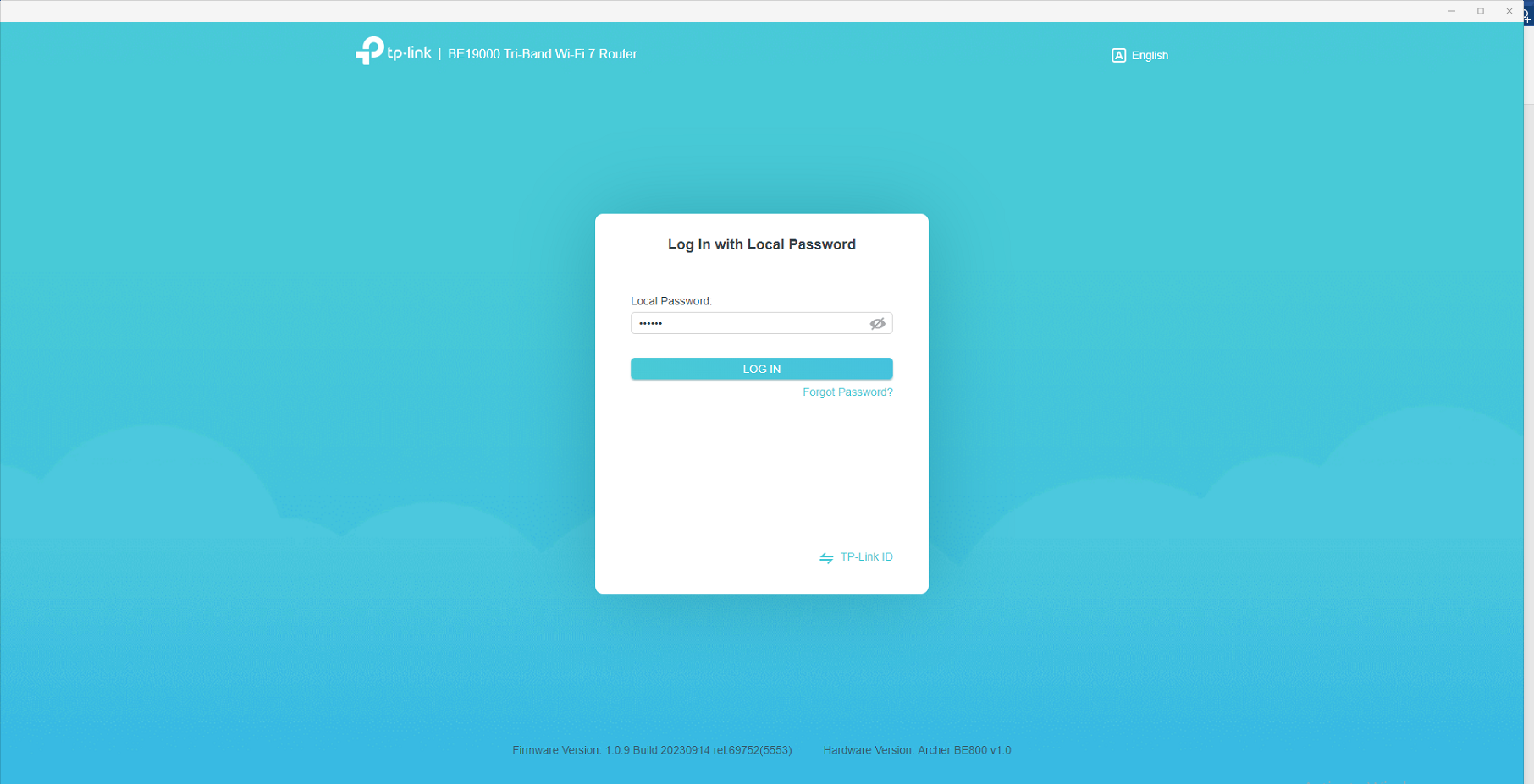 TP-Link BE19000 Wi-Fi 7 Router web interface login page with local password field and Log In button.