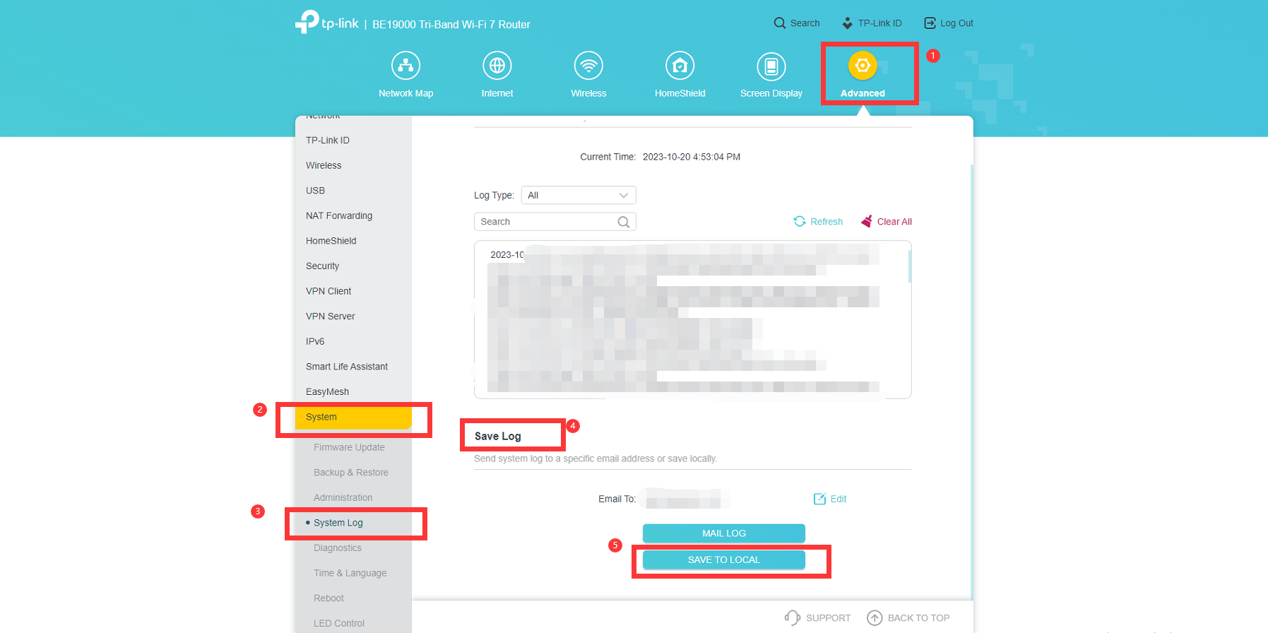 TP-Link router web interface showing five numbered steps: Advanced tab, System, System Log, Save Log section, and Save to Local button highlighted.