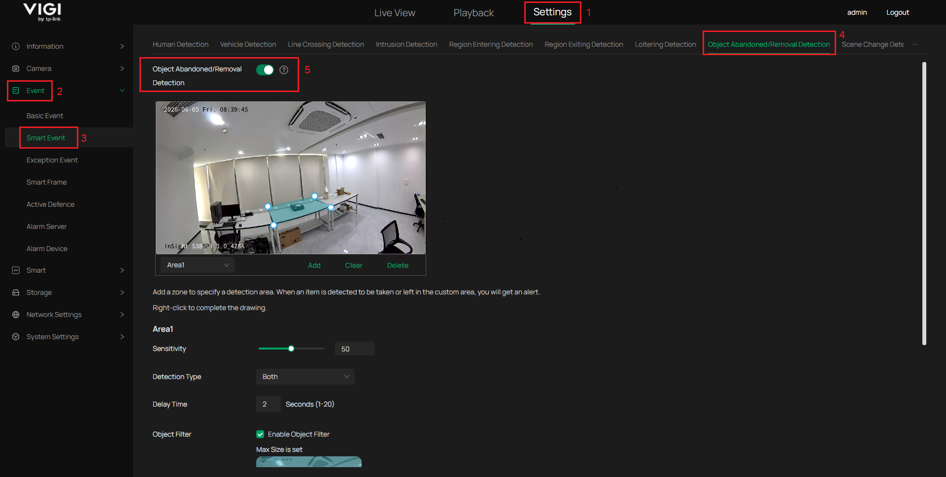 Go to Settings > Event > Smart Event > Object Abandoned / Removal Detection. Then enable the button.