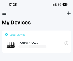 Tether app My Devices screen showing the Archer AX72.