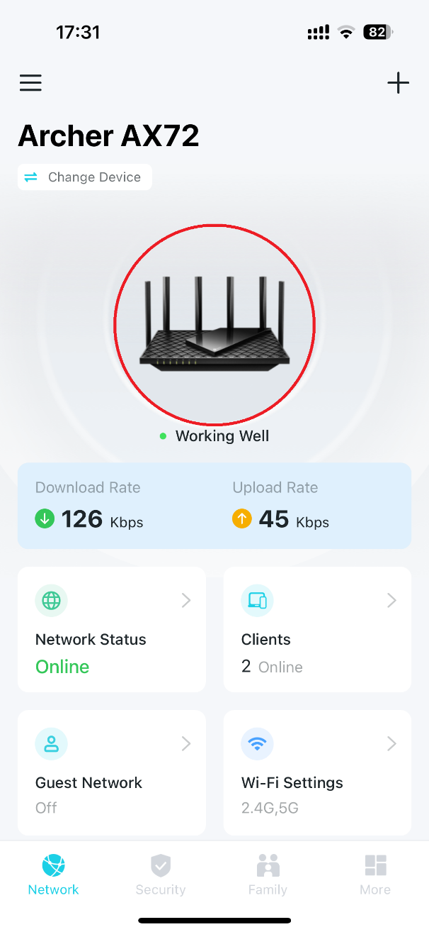 Tether app Archer AX72 home screen with router image circled, showing Working Well status, download and upload rates, and network info.