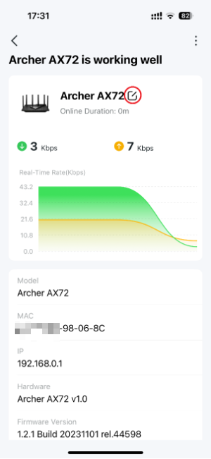 Archer AX72 device details screen showing real-time rate chart, model, MAC, IP, hardware, and firmware version, with edit icon circled.