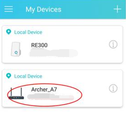 Tether app My Devices screen showing RE300 and Archer_A7, with Archer_A7 circled.