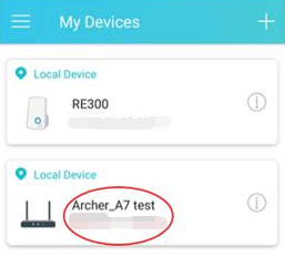 Tether app My Devices screen showing Archer_A7 test as the updated device name, circled.