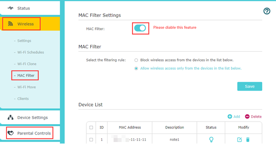 MAC Filter Settings page with MAC Filter toggle enabled and "Please disable this feature" warning highlighted.
