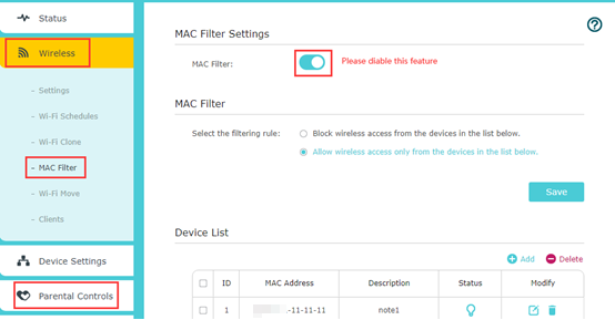 MAC Filter Settings page with MAC Filter toggle enabled and "Please disable this feature" warning highlighted.