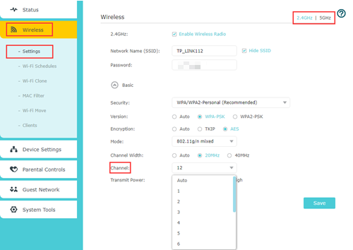 Router Wireless Settings page showing 2.4GHz tab selected and Channel dropdown open with options 1–6 visible.