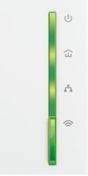 Close-up of powerline adapter LED indicators showing green power and Powerline status lights.
