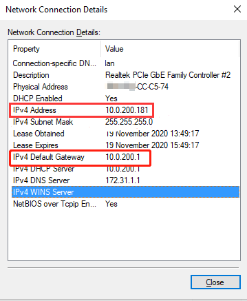 Windows Network Connection Details with IPv4 Address and Default Gateway highlighted in red.
