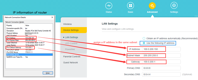 Router IP info overlaid on LAN Settings page, with arrows showing how to assign a static IP in the same subnet.